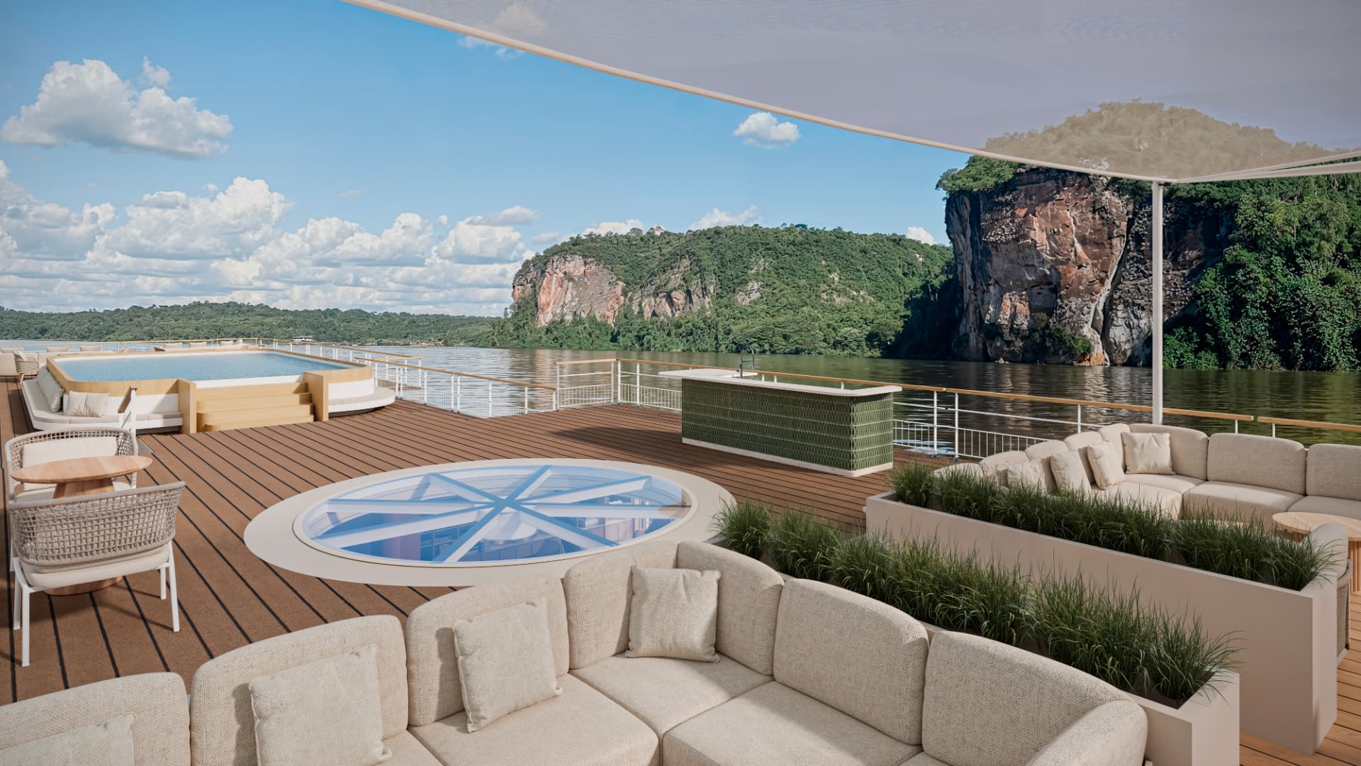 Sun deck with shaded seating, compass detail and panoramic river views